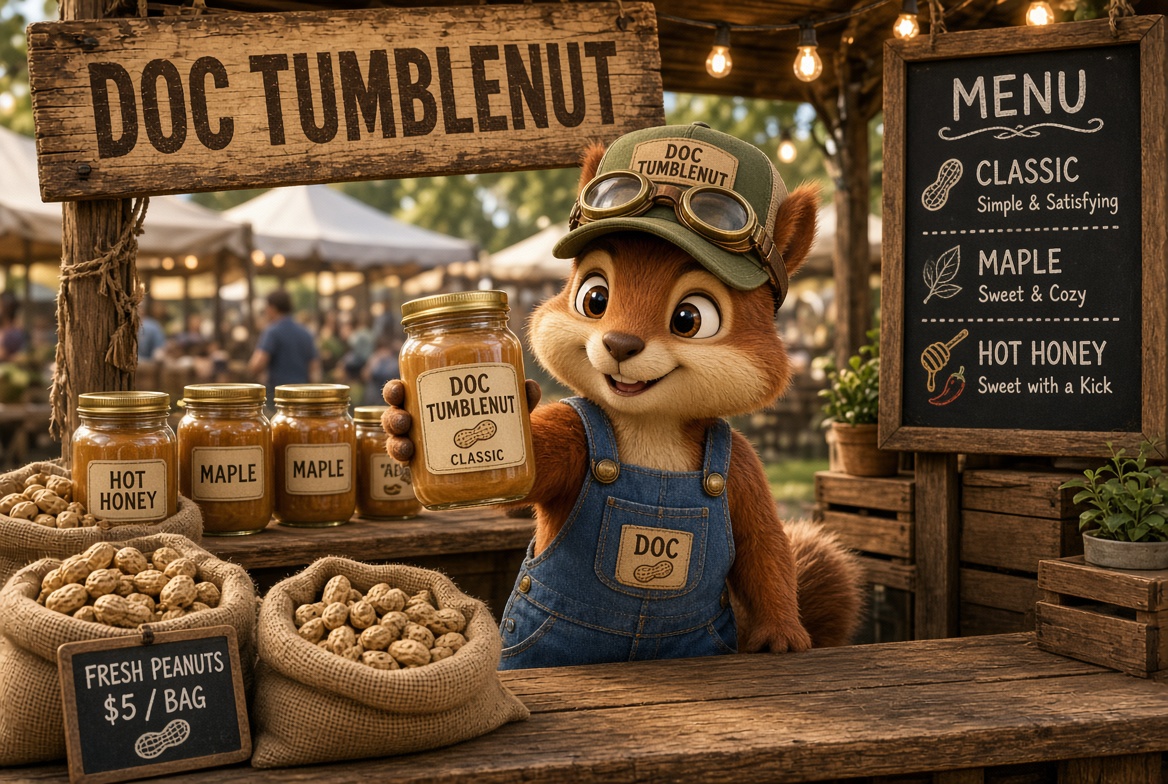 Doc Tumblenut at his farmers market stall, olive cap with DOC TUMBLENUT patch, brass goggles on the brim, overalls with a small DOC peanut badge